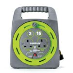 STATUS 2 Socket Cable Reel with 15 Metre Heavy Duty Extension Lead, Thermal Cut-Out Safety, Green
