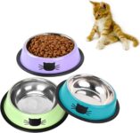 SUOXU Cat Bowls, Stainless Steel Colorful Cat Food Bowl, Non-slip Pet Water Bowl, Puppies Feeding Bowl, Set of 3 Metal Cat Bowl With Silent Pet Feeding(Blue/Purple/Green)