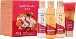 Sanctuary Spa Spiced Signature Mini Spa Essentials Gift Set, Christmas Fragrance, Body Wash, Body Scrub, Bath Float & Body Lotion, Vegan Pamper Gift Set for Women