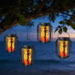 Solar Lights Outdoor Garden, 4 Pack Gen2 Realistic Flickering Flame Hanging Solar Lantern, Garden Ornaments Outdoor Lights Waterproof, Perfect Decor Gifts for Yard Pathway Porch Halloween