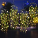 Solar Lights Outdoor Garden Decorative, 4 Pack Hanging Fake Plants Willow Leaf 66 LED Fairy Lights, Solar Powered Waterproof Artificial Plants, Ornaments Outdoor for Wedding Patio Yard Porch