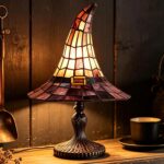 Stained Glass Witch Hat Lamp, Handcrafted Retro Resin Witch Lamp, Gothic Night Light for Halloween Decor and Mystical Home Accents, 18cm Black Small Witch Lamp for Bedroom and Bookshelf