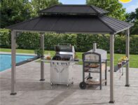 Sunjoy 3.6 x 2.4m Anthracite Wood Frame Hardtop Grill Gazebo with Electrical Outlets