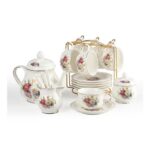 Sweejar Floral 23-Piece Porcelain Tea Set with Metal Holder