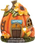 TERESAS COLLECTIONS Autumn Decorations, Lovely Fairy Pumpkins House Ornaments with Solar Lights, Waterproof Resin Garden Ornaments Outdoor, Fairy House Fall Gifts for Women Indoor/Outdoor 13CM