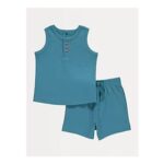 Teal Ribbed Vest and Shorts Outfit