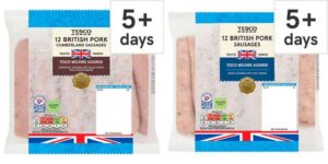 Tesco British Cumberland Sausages 12 Pack or Tesco 12 Pork Sausages 2 x 681G (24 Sausages In Total) – Clubcard Price