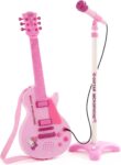 The Magic Toy Shop Kids Guitar and Microphone Set with 6 Strings – Adjustable Stand, 8 Demo Songs, Removable Mic – Great for Early Musical Skills, Toddler Performances, Creative Play, Girls, Ages 3