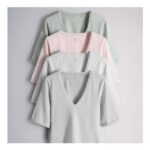 The Set 4 Pack mid Sleeve V-Neck Lace Tops Green/Pink/Grey/Stripe