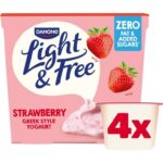 Three 4 pack of Danone Light & Free Greek Style Yogurts – (Raspberry,Peach Passion Fruit,Strawberry & Sticky Toffee)
