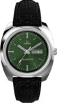 Timex Q 1978 Green Dial 37.5mm Black Leather Strap Watch with code at STOCS UK