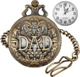 Tiong DAD Engraved Quartz Pocket Watch Vintage Fathers Day Pocket Watch with Chain Clip Retro Collectible Gift Grandpa Pocket Watches for Dad Father Men