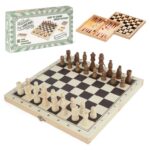 Toyrific 3 in 1 Folding Wooden Board Games Set, Portable Traditional Game Collection with Chess