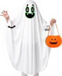 Tutukyle Halloween Ghost Costume Glow in the Dark Boy Girl, Glow in the Dark Ghost Outfit with Pumpkin Treat Bucket Temporary Tattoos, Perfect for Poncho Trick or Treat