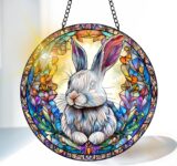 VAIIEYO Rabbit Sun Catcher Stained Glass Window Hanging Ornament, Handmade Sun Catcher Animal Decoration with Hooks for Window Garden Home, Mothers Day & Birthday Housewarming Gift (20 cm)