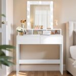 VASAGLE Dressing Table, LED Lights, Mirror, 2 Drawers, 3 Compartments