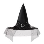 VEYLIN Halloween Witch Hat, Black Velvet, Star Veil, Rhinestone Buckle