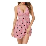 Vlazom Women Nighties Lace Chemise Babydoll Nightdress V-Neck Pink
