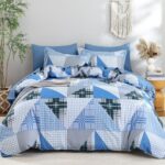WONGS BEDDING King Size Duvet Cover Set Blue Geometric Plaid 3-Piece Bedding Set-Soft Microfiber Bed Linen for Bedroom Decor (230x220cm)