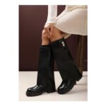Wheres That from Brescia Fold-over Knee-High Chunky-Sole Black PU Boots