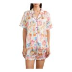 Women Bow Print 2-Piece Pajama Set, Short Sleeve Button-down Shirt