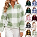 Womens Funnel Neck Fleece Pullover Checked Zip Fuzzy Warm Cosy Tops