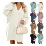 Womens Knitted V-Neck Jumper Dress – White
