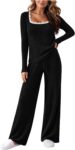 Womens Pyjamas Ladies Ribbed 2 Piece Loungewear Set Long Sleeve Square Neck Lace Trim Tops and Drawstring Waist Wide Leg Bottoms Soft Cosy Solid Color Two Piece Nightwear Ladies Casual Pjs Sets