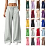 Womens Wide Leg Trousers Elastic High Waist Drawstring Loose Casual Ladies Solid Trousers with Pockets Lightweight Straight Sweatpants