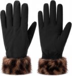Womens Winter Gloves, PU Leather Fleece Lined Gloves with Faux Fur Cuff, Water-Resistant Warm Driving Gloves for Cold Weather