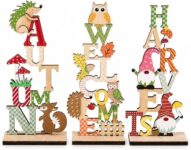 Wooden Decoration 3-Piece Set Stacked Letter Tabletop Display from Wood with Forest Animals & Gnomes Versatile Autumn Decoration for Harvest Festival Oktoberfest Dining Table Windowsill