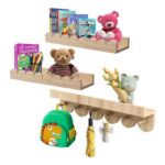 Wooden Nursery Wall Shelves Set of 3 with round Hooks