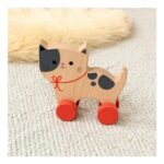 Wooden Push-along Cat Toy – Red Wheels