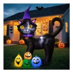 Wothfav 6FT Halloween Inflatable Wizard Black Cat with LED Lights