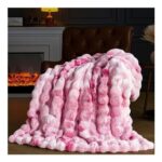 YBIKE Faux Rabbit Fur Throw Blanket, Pink, Plush Bubble