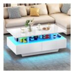 YITAHOME LED Coffee Table with Storage, White, 16-Color Open-Shelf 4-Drawers