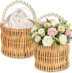 ZEAYEA 2 Pack Flower Girl Basket with Pearl Handle, Wedding Wicker Rattan Storage Basket, Boho Woven Small Flower Basket for Candy, Easter, Christmas, Home Decorations