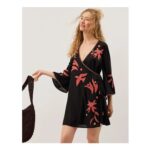 Zora Embroidered Mini Wrap Dress – Black