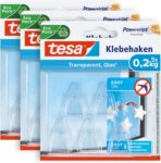 tesa UK Adhesive Hooks for Glass – Invisible Hanging Hooks for Mirrors and Transparent Surfaces – Holds up to 0.2 kg per Hook – Pack of 15 incl. 24 Adhesive Strips, Clear, 58900