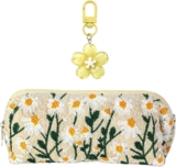 1 Cute Pencil Case with 1 Yellow Flower Pendant, 1967cm, 7.482.362.75in, Floral Daisy Embroidered Fabric Makeup Bag, Portable Cosmetic Pouch for Girls and Women, 2 Pcs