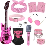 11Pcs Rock Star Fancy Dress Kids Set, Kids Rockstar Accessories with Leather Gloves Bracelets Collar Glasses Rings Bandana Scarf Inflatable Guitar Mico, World Book Day Girls Rockstar Costume
