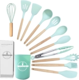 12 Pcs Silicone Cooking Kitchen Utensils Set,Non Stick Silicone Cooking Utensil Set with HolderWooden Handle Heat ResistanceCooking Stirring Tools (Green)