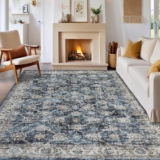 120×170 cm Machine Washable Rugs, Low-Pile Oriental Carpet Bedroom, Vintage Distressed Area Rug Living Room, Non-Slip Traditional Carpets for Dining Room Home Office, Blue
