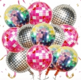 12PCS Disco Balloons 22 Inch, 4D Foil Balloons in Silver & Holographic Pink, Retro Mirror Balloons for 70s 80s 90s Theme Party, Disco Party Decorations Supplies with Ribbon & Straw