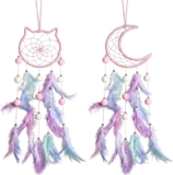 2 Pack Dream Catcher for Girls, Handmade Feather Wall Hanging, Owl & Moon Boho Decor, Kids Room Accessories, Pink Purple Bedroom Gift