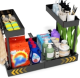 2 Pack Metal Under Sink Storage Organiser,2 tier Pull Out Undersink Storage Organiser Kitchen,38cm-55cm Width Expandable with 3 sliding Rails Drawers Cupboard Organiser with Hooks Kitchen Bathroom Hom