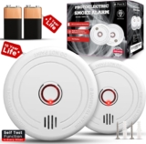 2 Pack Smoke Alarms for Home 10-Year Life Fire Alarms with 5-Year Replaceable Battery, EN14604 Certified Photoelectric Smoke Detector with Silence Button, LED Light, for Kitchen, Caravan, Office