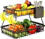 2 Tier Fruit Bowl Basket with Banana Hangers, Detachable Storage Organizer