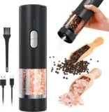 2 in 1 Electric Salt and Pepper Grinder Set (USB Rechargeable), Automatic Salt and Pepper Mill with LED Lighting, One-Handed Operation Adjustable Coarseness – Perfect for Kitchen, BBQ Gifts Black