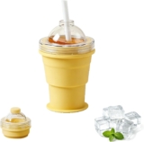 2-in-1 Foldable Ice Hockey Cup, Collapsible Silicone Ball Maker with Reusable Straw & Lid, Portable Leakproof Travel Tumbler for Coffee Camping Office Home (Yellow)